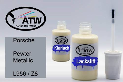 Porsche, Pewter Metallic, L956 / Z8: 20ml Lackstift + 20ml Klarlack - Set, von ATW Autoteile West.